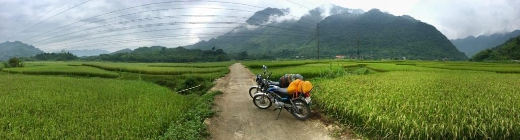 mai chau, rice fields, mountains, vietnam, motorbike