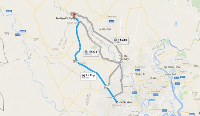 Roadmap from Ho Chi Minh City to Cu Chi Tunnels