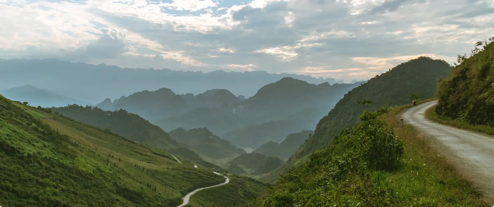 Landscape of a mountain road in Ha Giang with mountains in the distance