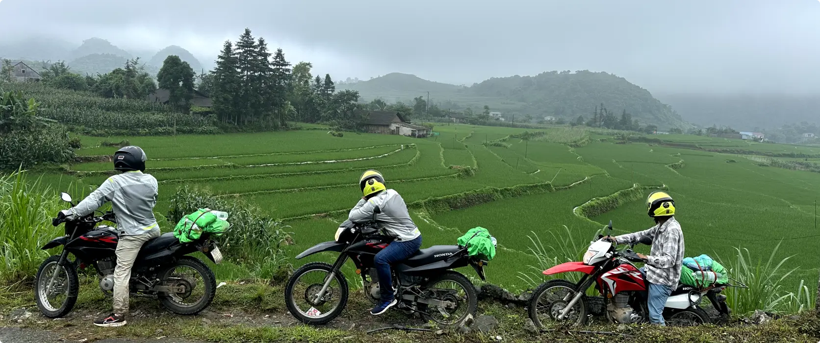 Three men on Honda XR 150 motorcycles, looking across rice paddy fields in Ha Giang